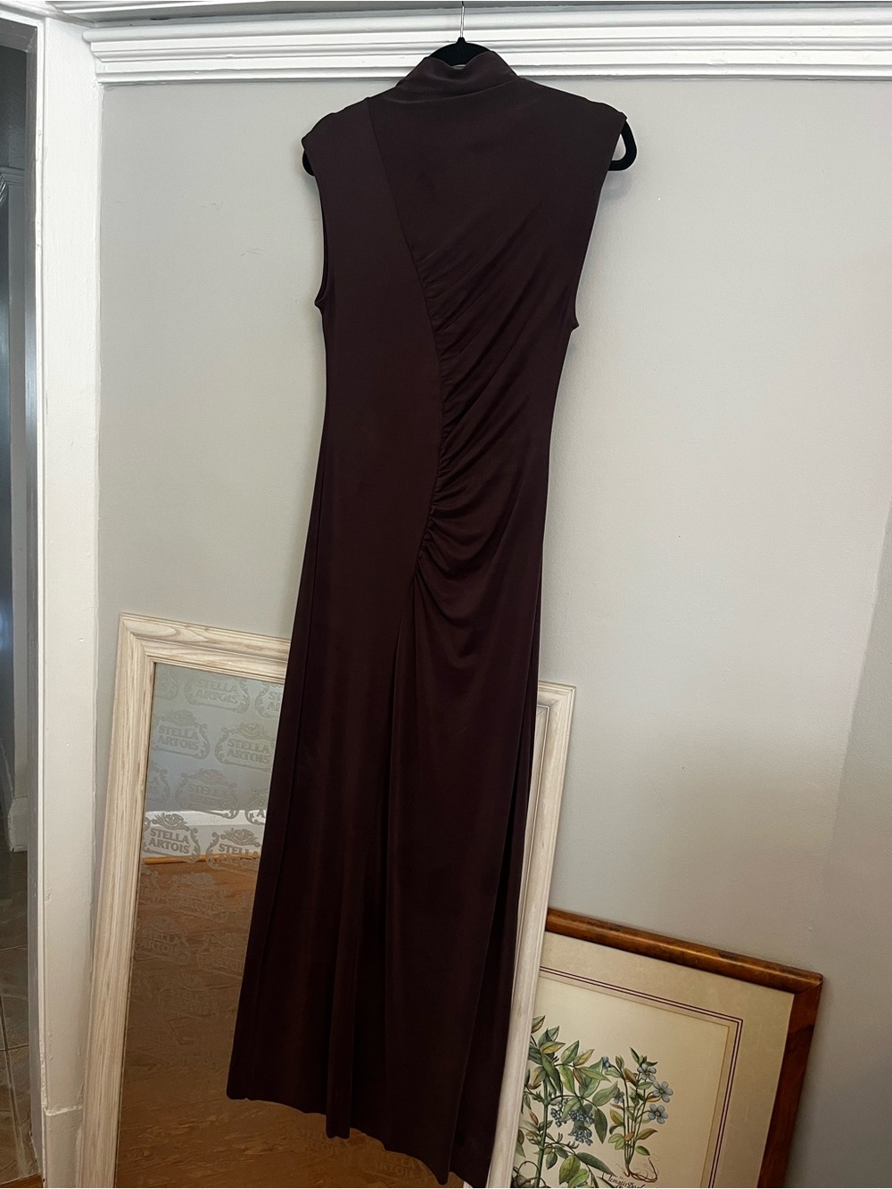 Sleeveless Maxi Dress in Dark Brown with Draped Side Detail